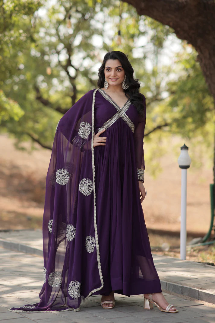 Faux Blooming gown with Viscose Dyable Jacquard With Sequins Embroidered Work Faux Blooming Dupatta(WD38)