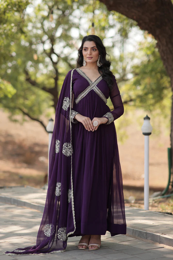 Faux Blooming gown with Viscose Dyable Jacquard With Sequins Embroidered Work Faux Blooming Dupatta(WD38)