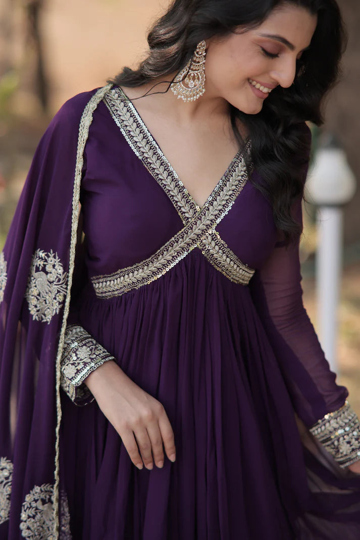 Faux Blooming gown with Viscose Dyable Jacquard With Sequins Embroidered Work Faux Blooming Dupatta(WD38)