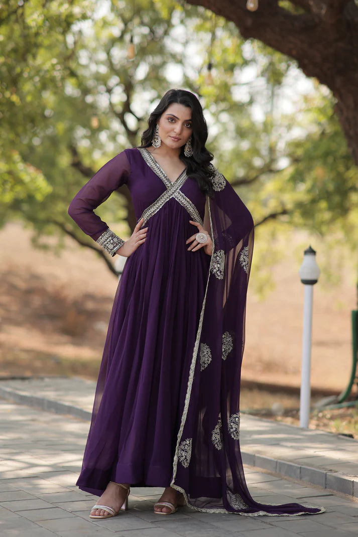 Faux Blooming gown with Viscose Dyable Jacquard With Sequins Embroidered Work Faux Blooming Dupatta(WD38)