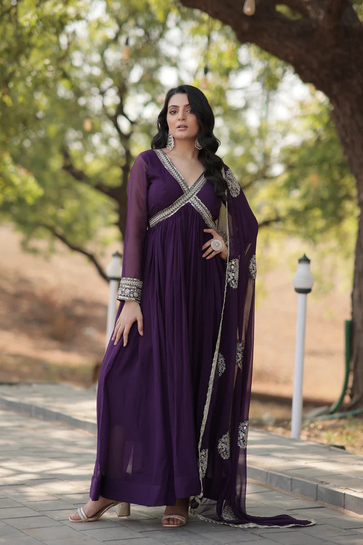 Faux Blooming gown with Viscose Dyable Jacquard With Sequins Embroidered Work Faux Blooming Dupatta(WD38)
