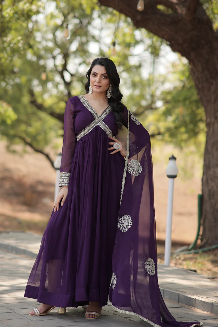 Faux Blooming gown with Viscose Dyable Jacquard With Sequins Embroidered Work Faux Blooming Dupatta(WD38)