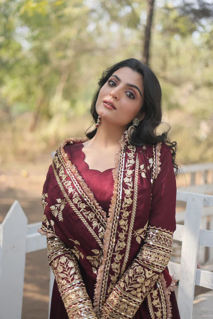 DARK MAROON HEAVY SEQUINS EMBROIDERY WORK GOWN WITH DUPATTA(WD149)