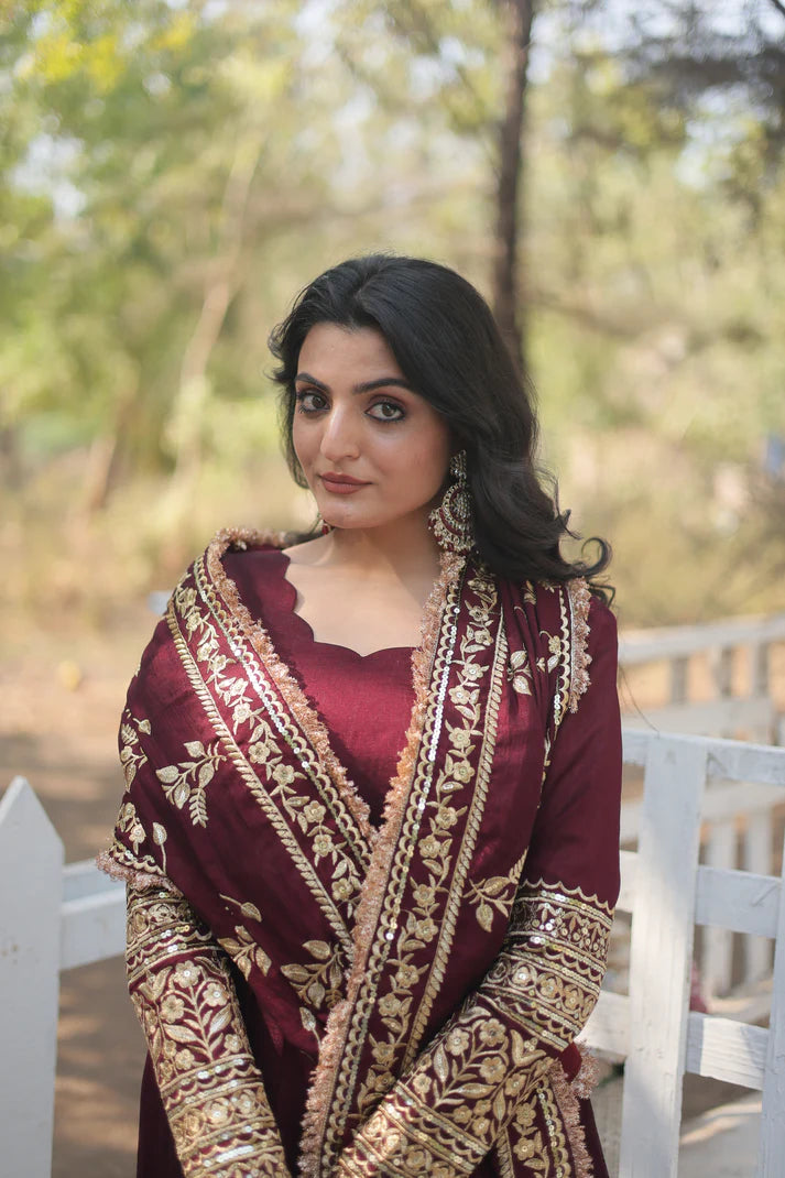 DARK MAROON HEAVY SEQUINS EMBROIDERY WORK GOWN WITH DUPATTA(WD149)