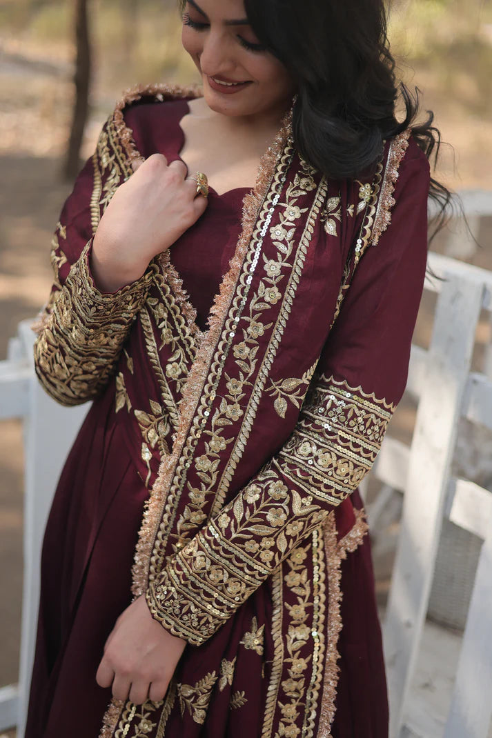 DARK MAROON HEAVY SEQUINS EMBROIDERY WORK GOWN WITH DUPATTA(WD149)