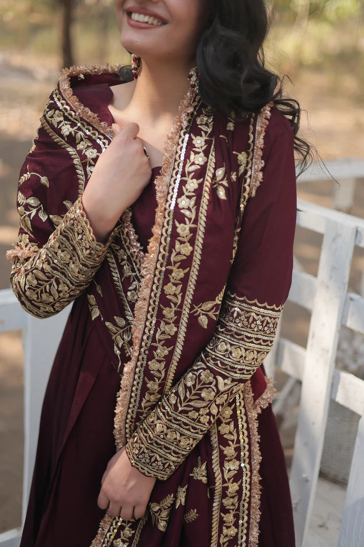 DARK MAROON HEAVY SEQUINS EMBROIDERY WORK GOWN WITH DUPATTA(WD149)
