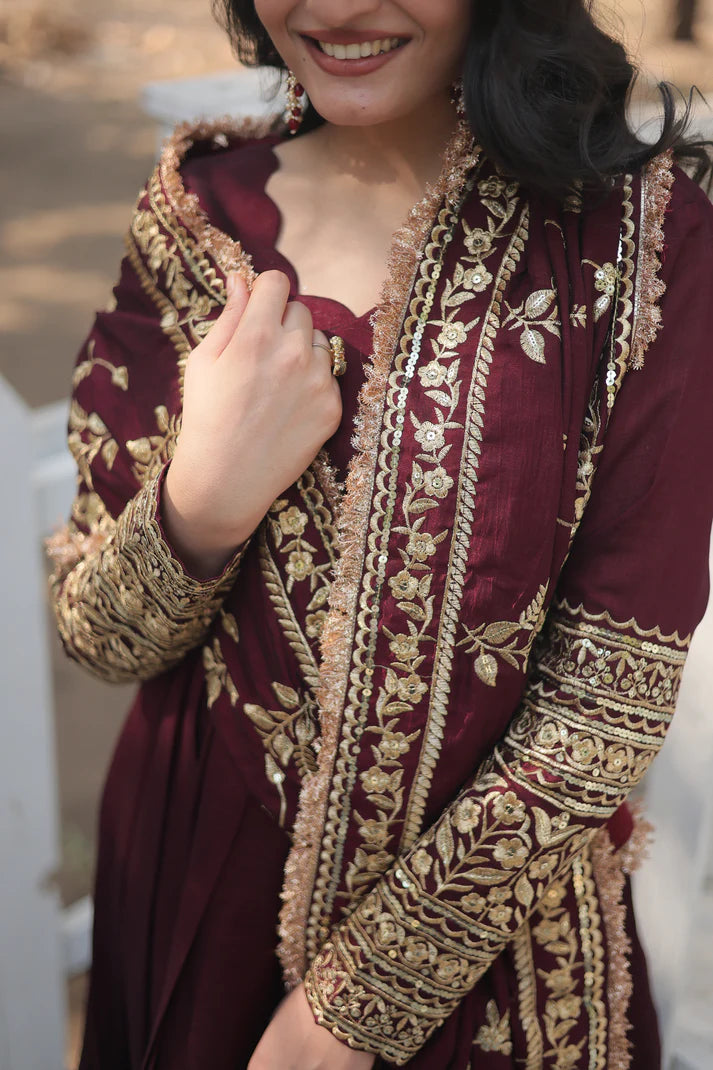 DARK MAROON HEAVY SEQUINS EMBROIDERY WORK GOWN WITH DUPATTA(WD149)