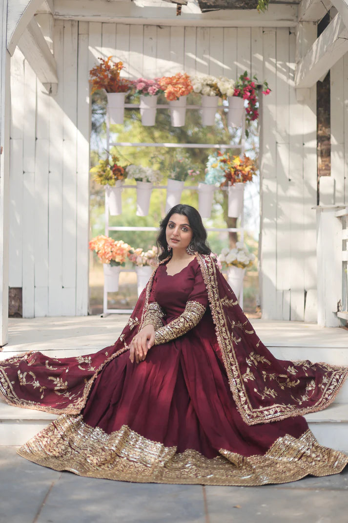 DARK MAROON HEAVY SEQUINS EMBROIDERY WORK GOWN WITH DUPATTA(WD149)
