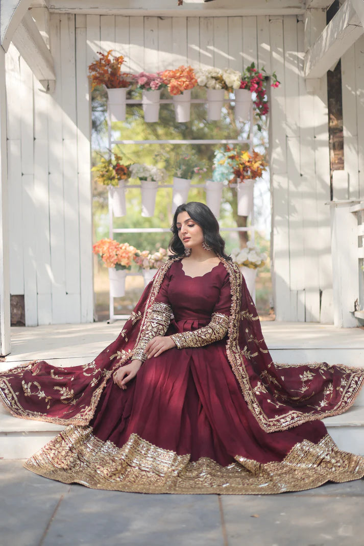 DARK MAROON HEAVY SEQUINS EMBROIDERY WORK GOWN WITH DUPATTA(WD149)