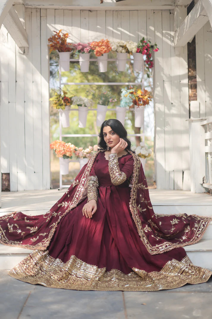 DARK MAROON HEAVY SEQUINS EMBROIDERY WORK GOWN WITH DUPATTA(WD149)