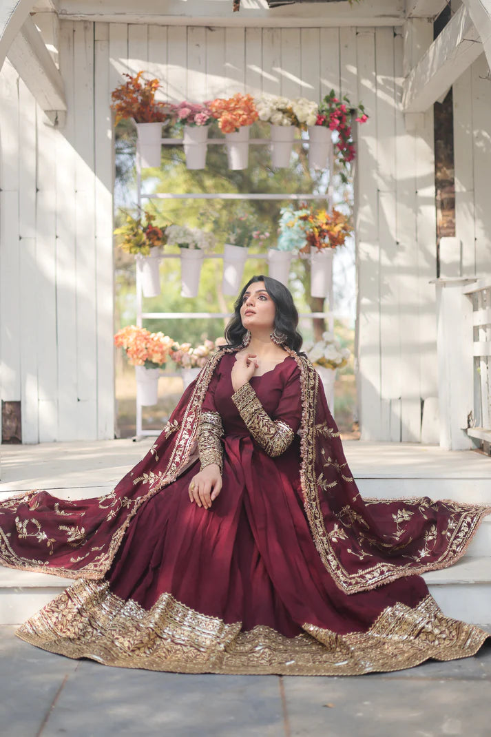 DARK MAROON HEAVY SEQUINS EMBROIDERY WORK GOWN WITH DUPATTA(WD149)