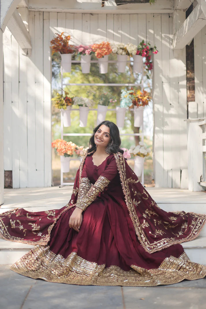 DARK MAROON HEAVY SEQUINS EMBROIDERY WORK GOWN WITH DUPATTA(WD149)