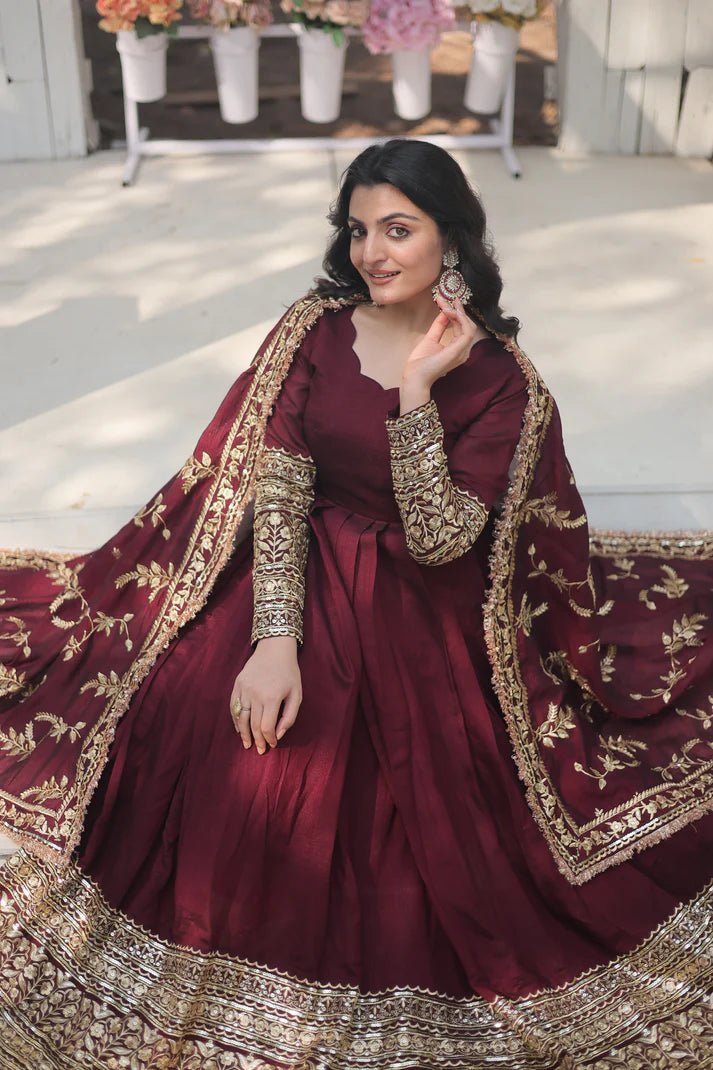 DARK MAROON HEAVY SEQUINS EMBROIDERY WORK GOWN WITH DUPATTA(WD149)