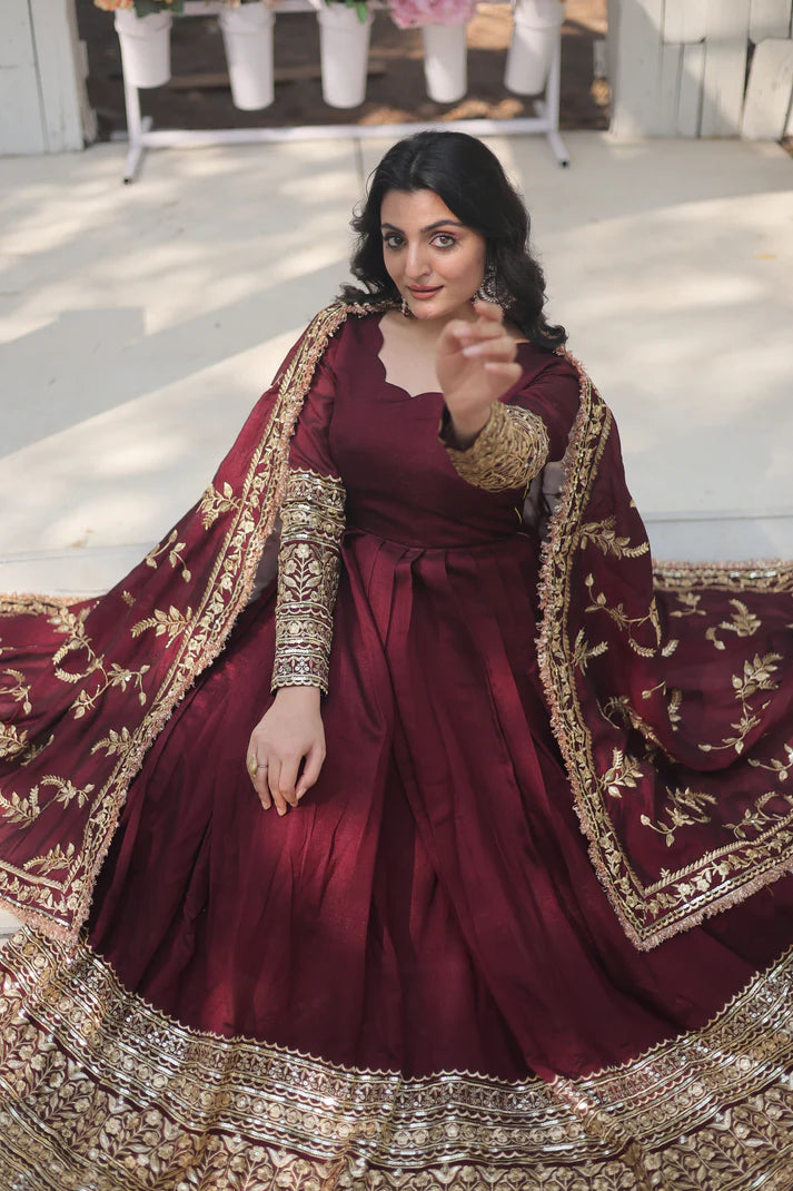 DARK MAROON HEAVY SEQUINS EMBROIDERY WORK GOWN WITH DUPATTA(WD149)