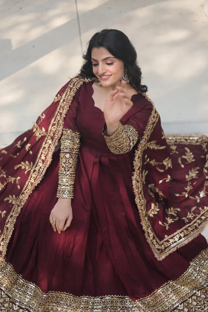 DARK MAROON HEAVY SEQUINS EMBROIDERY WORK GOWN WITH DUPATTA(WD149)