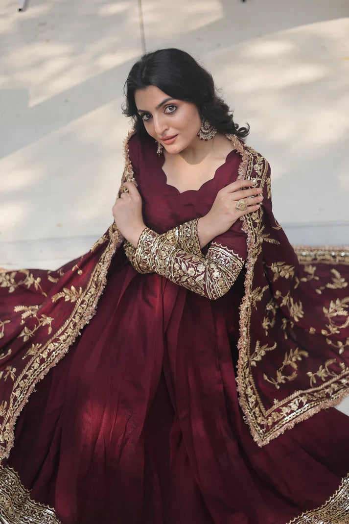 DARK MAROON HEAVY SEQUINS EMBROIDERY WORK GOWN WITH DUPATTA(WD149)