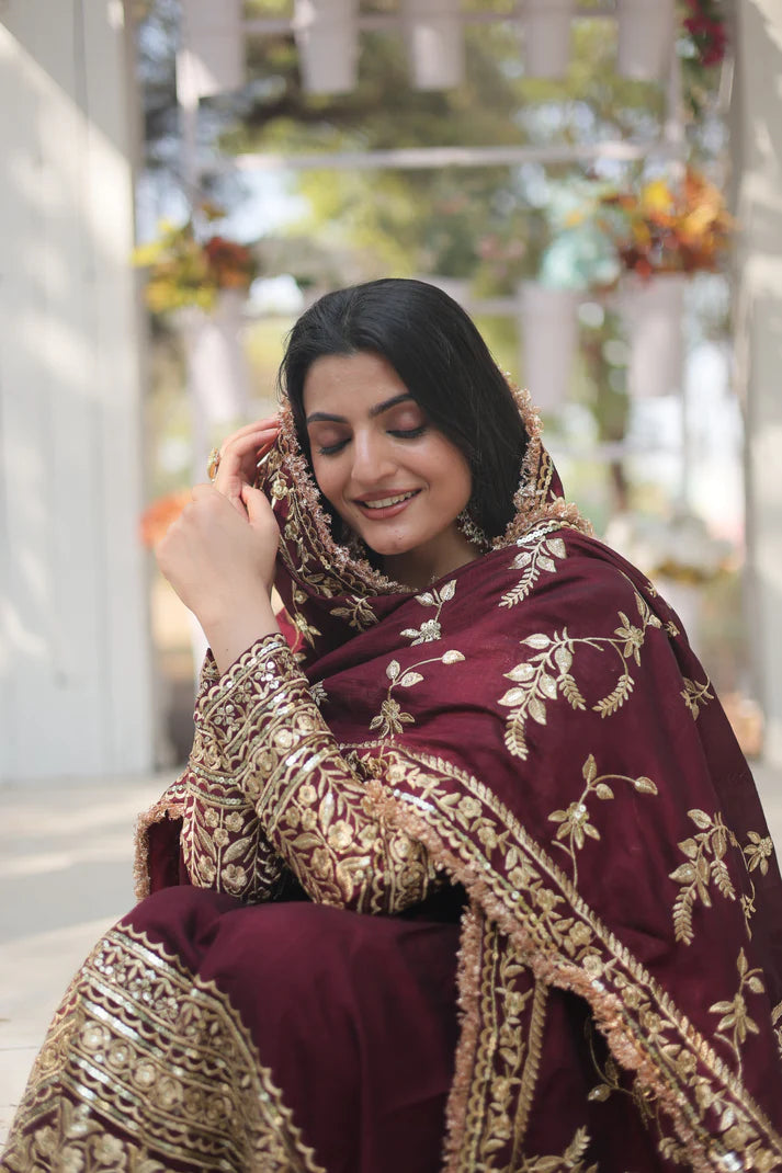 DARK MAROON HEAVY SEQUINS EMBROIDERY WORK GOWN WITH DUPATTA(WD149)