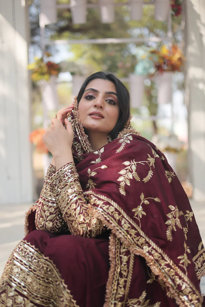 DARK MAROON HEAVY SEQUINS EMBROIDERY WORK GOWN WITH DUPATTA(WD149)