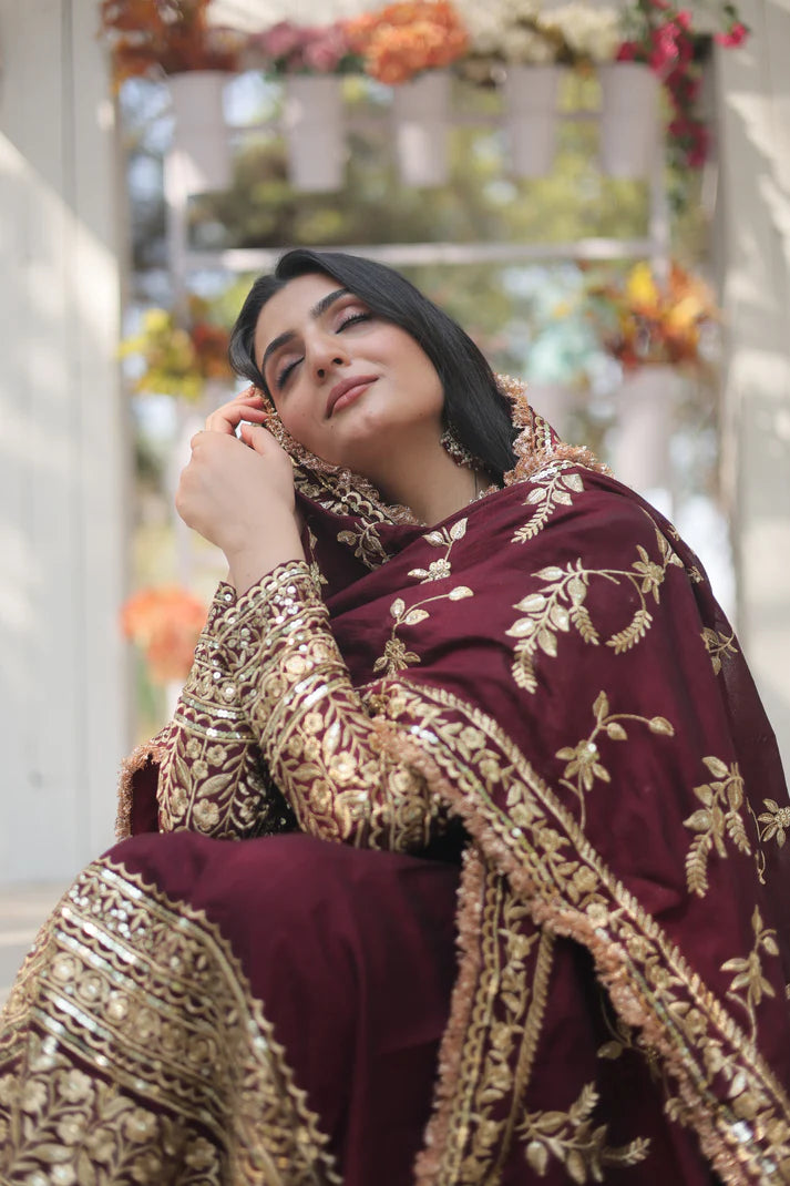 DARK MAROON HEAVY SEQUINS EMBROIDERY WORK GOWN WITH DUPATTA(WD149)