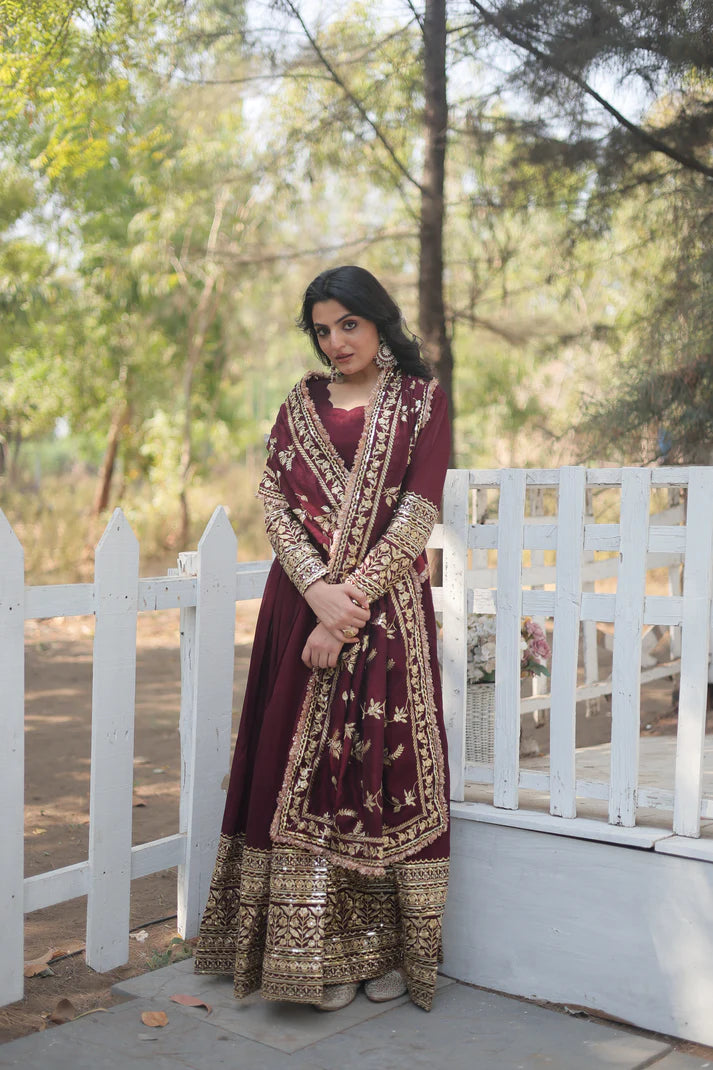 DARK MAROON HEAVY SEQUINS EMBROIDERY WORK GOWN WITH DUPATTA(WD149)
