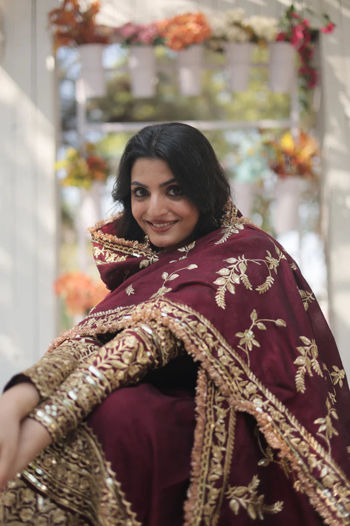 DARK MAROON HEAVY SEQUINS EMBROIDERY WORK GOWN WITH DUPATTA(WD149)