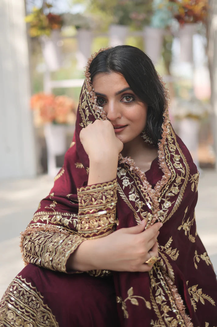 DARK MAROON HEAVY SEQUINS EMBROIDERY WORK GOWN WITH DUPATTA(WD149)