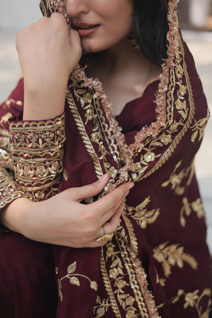 DARK MAROON HEAVY SEQUINS EMBROIDERY WORK GOWN WITH DUPATTA(WD149)
