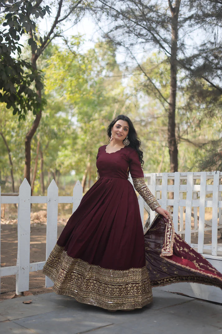 DARK MAROON HEAVY SEQUINS EMBROIDERY WORK GOWN WITH DUPATTA(WD149)