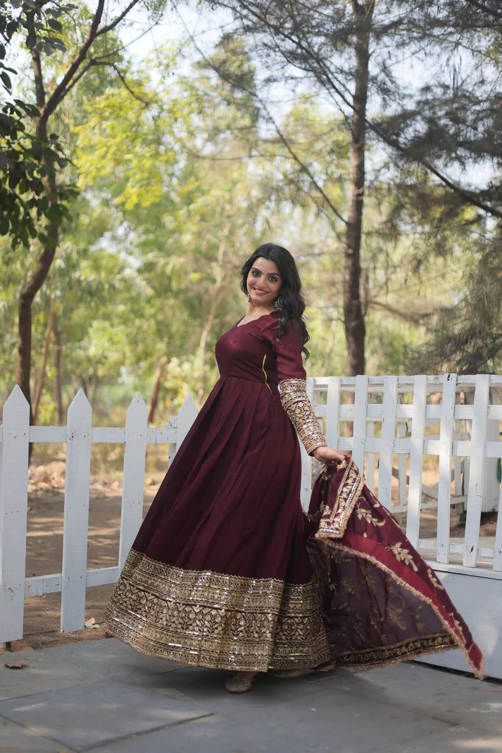 DARK MAROON HEAVY SEQUINS EMBROIDERY WORK GOWN WITH DUPATTA(WD149)