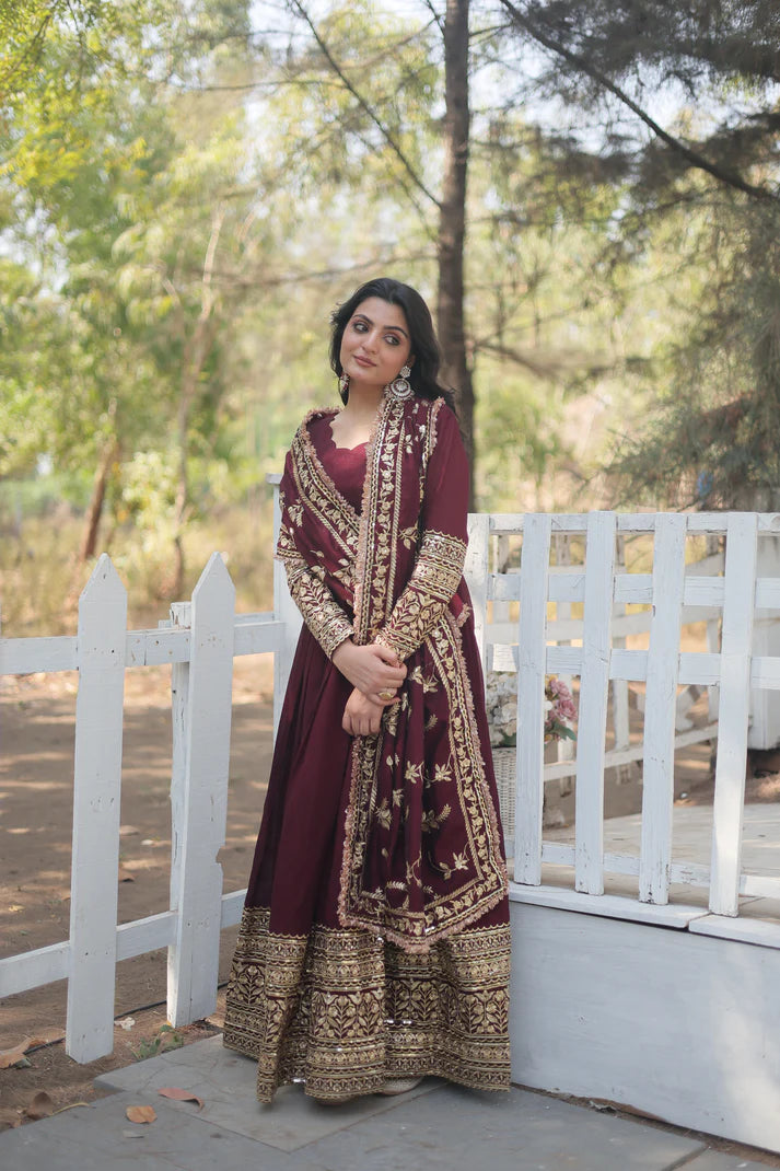 DARK MAROON HEAVY SEQUINS EMBROIDERY WORK GOWN WITH DUPATTA(WD149)