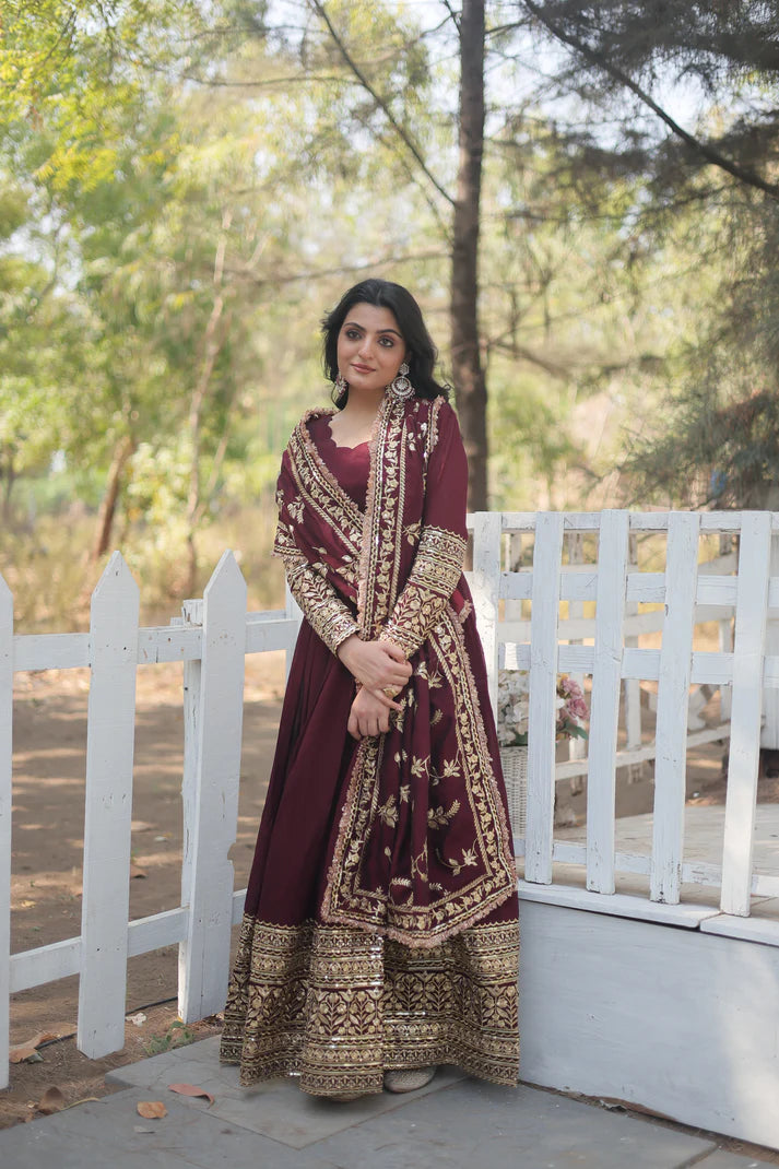 DARK MAROON HEAVY SEQUINS EMBROIDERY WORK GOWN WITH DUPATTA(WD149)