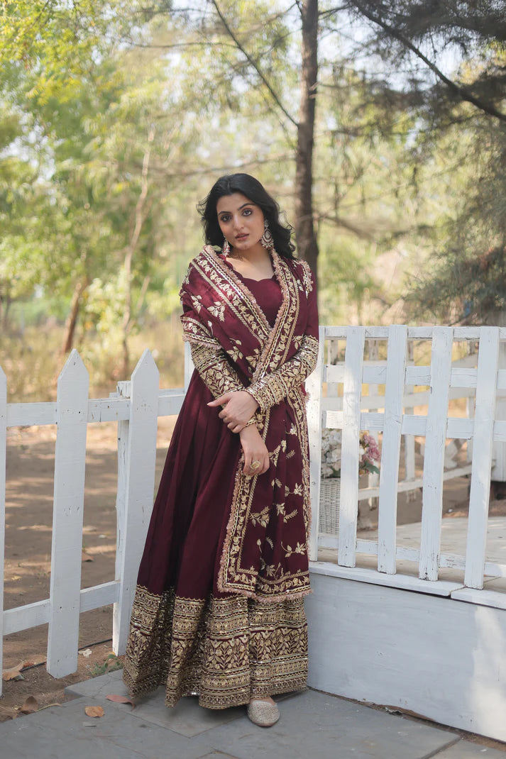 DARK MAROON HEAVY SEQUINS EMBROIDERY WORK GOWN WITH DUPATTA(WD149)