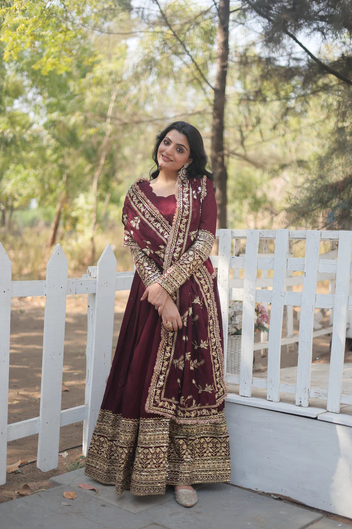 DARK MAROON HEAVY SEQUINS EMBROIDERY WORK GOWN WITH DUPATTA(WD149)