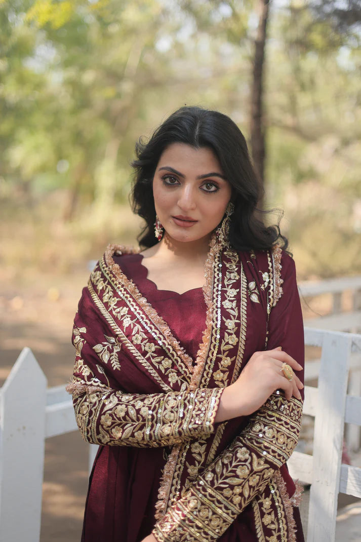 DARK MAROON HEAVY SEQUINS EMBROIDERY WORK GOWN WITH DUPATTA(WD149)
