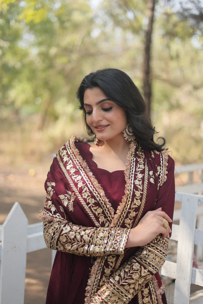 DARK MAROON HEAVY SEQUINS EMBROIDERY WORK GOWN WITH DUPATTA(WD149)