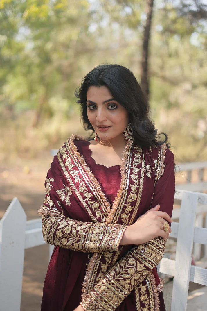DARK MAROON HEAVY SEQUINS EMBROIDERY WORK GOWN WITH DUPATTA(WD149)