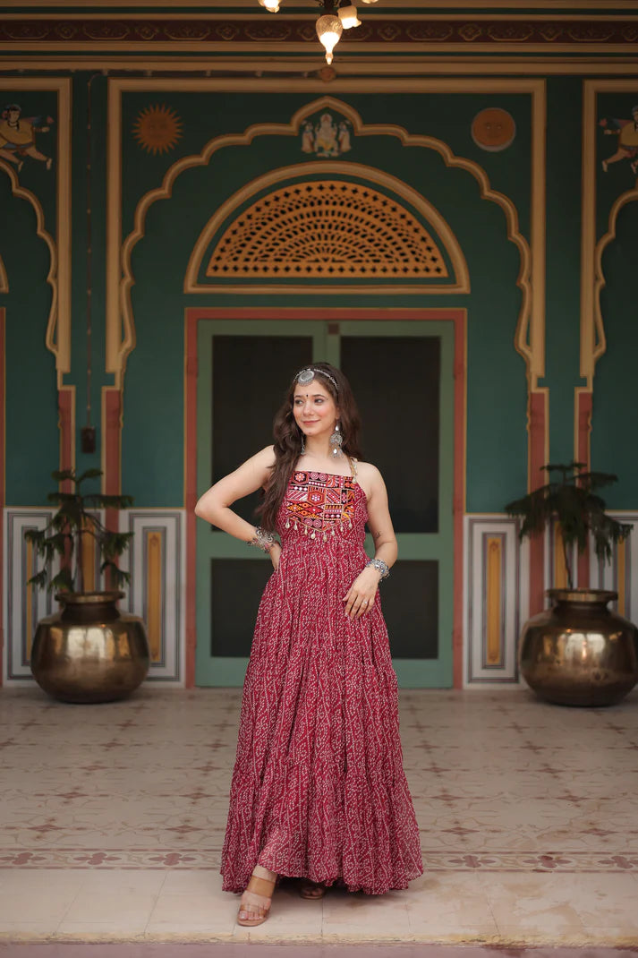 WOMENSAVTAR NAVRATRI SPECIAL BANDHNI PRINT WITH KUTCHI PATCHWORK GOWN