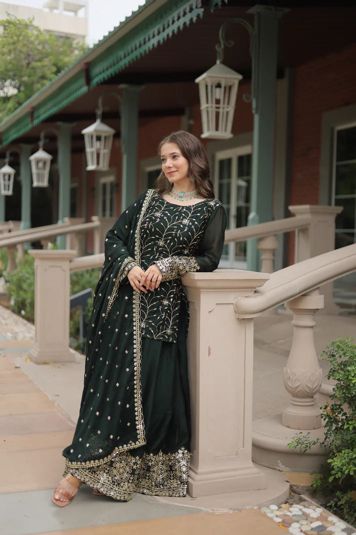 WEDDING SPECIAL RANGOLI SILK SEQUINS EMBROIDERED KURTI PLAZZO WITH DUPATTA(WD132)