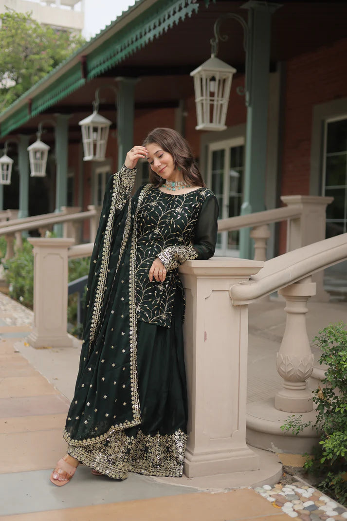 WEDDING SPECIAL RANGOLI SILK SEQUINS EMBROIDERED KURTI PLAZZO WITH DUPATTA(WD132)