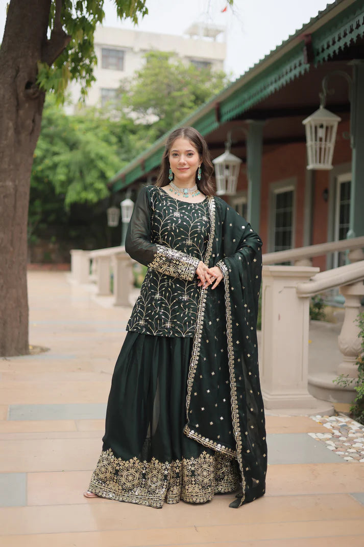 WEDDING SPECIAL RANGOLI SILK SEQUINS EMBROIDERED KURTI PLAZZO WITH DUPATTA(WD132)