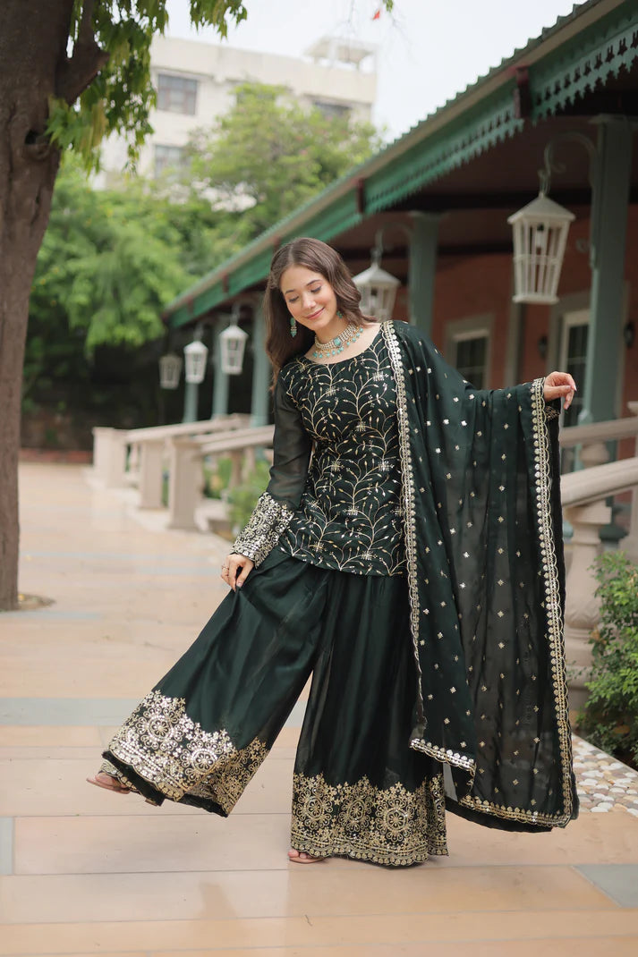 WEDDING SPECIAL RANGOLI SILK SEQUINS EMBROIDERED KURTI PLAZZO WITH DUPATTA(WD132)