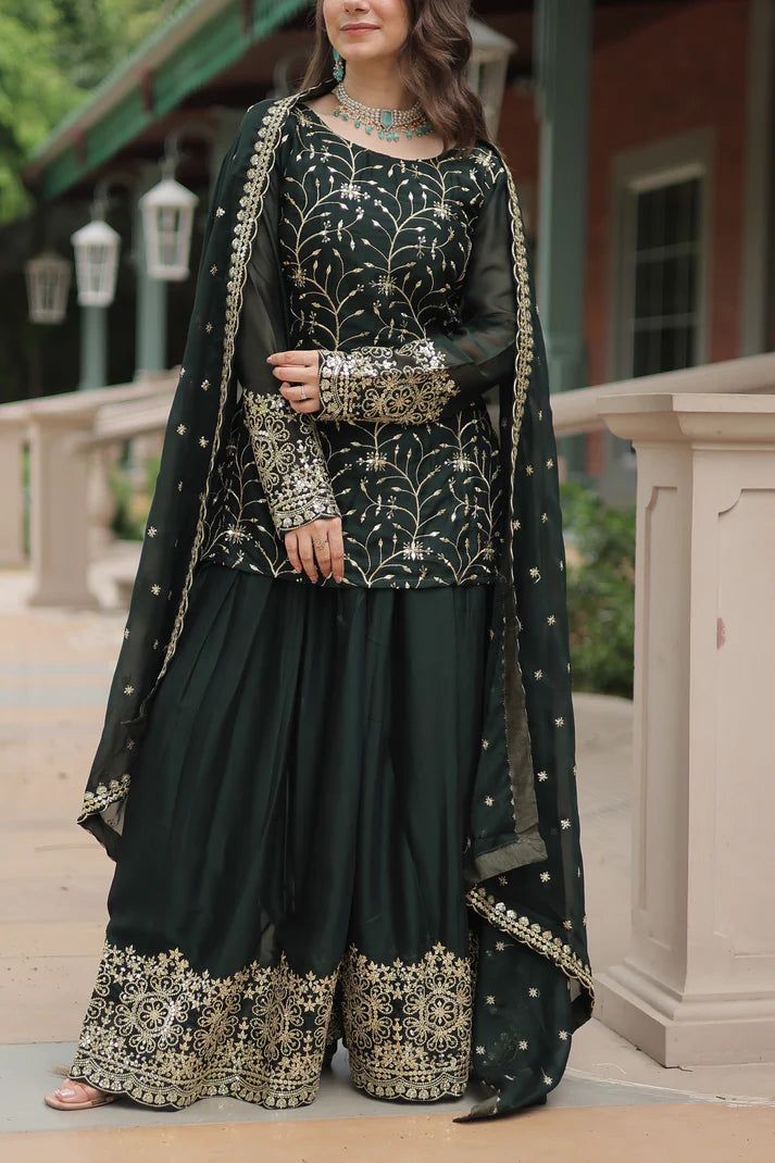 WEDDING SPECIAL RANGOLI SILK SEQUINS EMBROIDERED KURTI PLAZZO WITH DUPATTA(WD132)