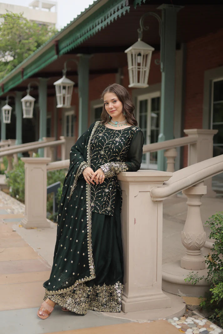 WEDDING SPECIAL RANGOLI SILK SEQUINS EMBROIDERED KURTI PLAZZO WITH DUPATTA(WD132)