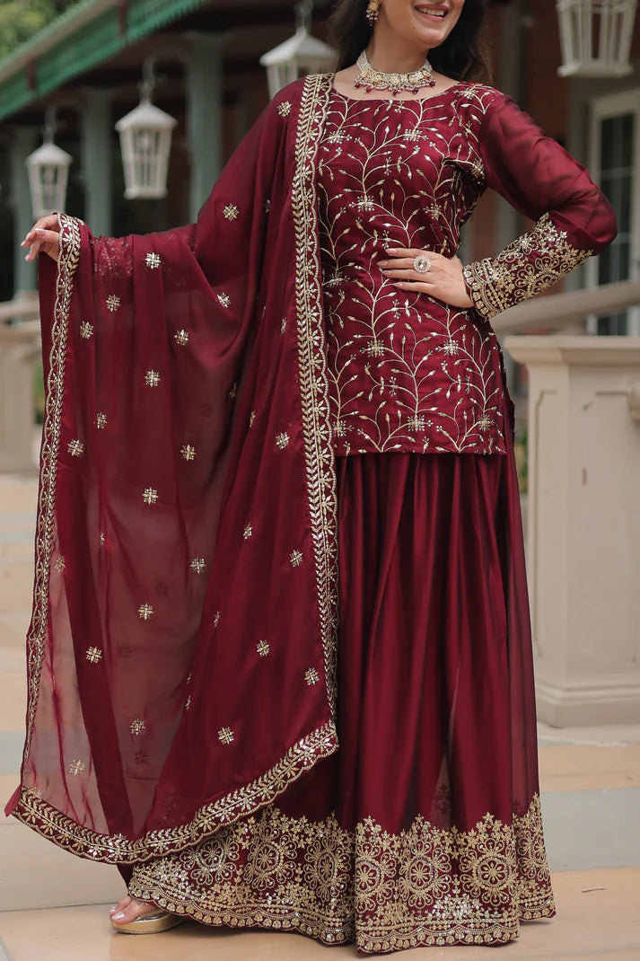 WEDDING SPECIAL RANGOLI SILK SEQUINS EMBROIDERED KURTI PLAZZO WITH DUPATTA(WD132) (01)