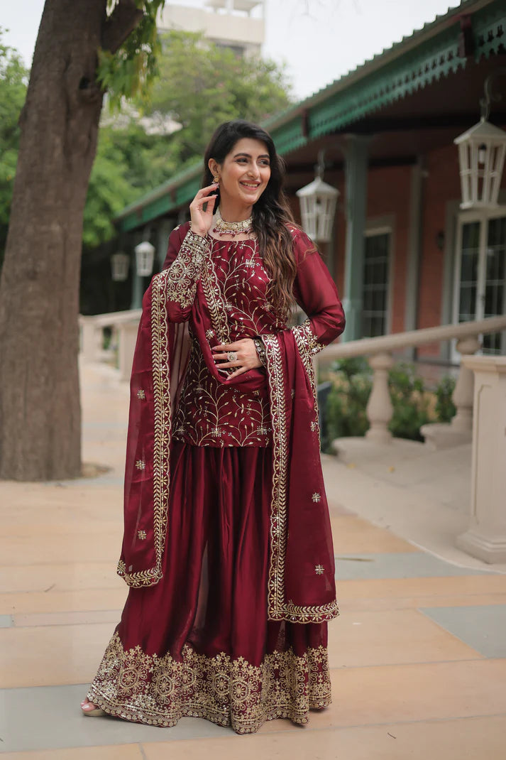 WEDDING SPECIAL RANGOLI SILK SEQUINS EMBROIDERED KURTI PLAZZO WITH DUPATTA(WD132) (01)