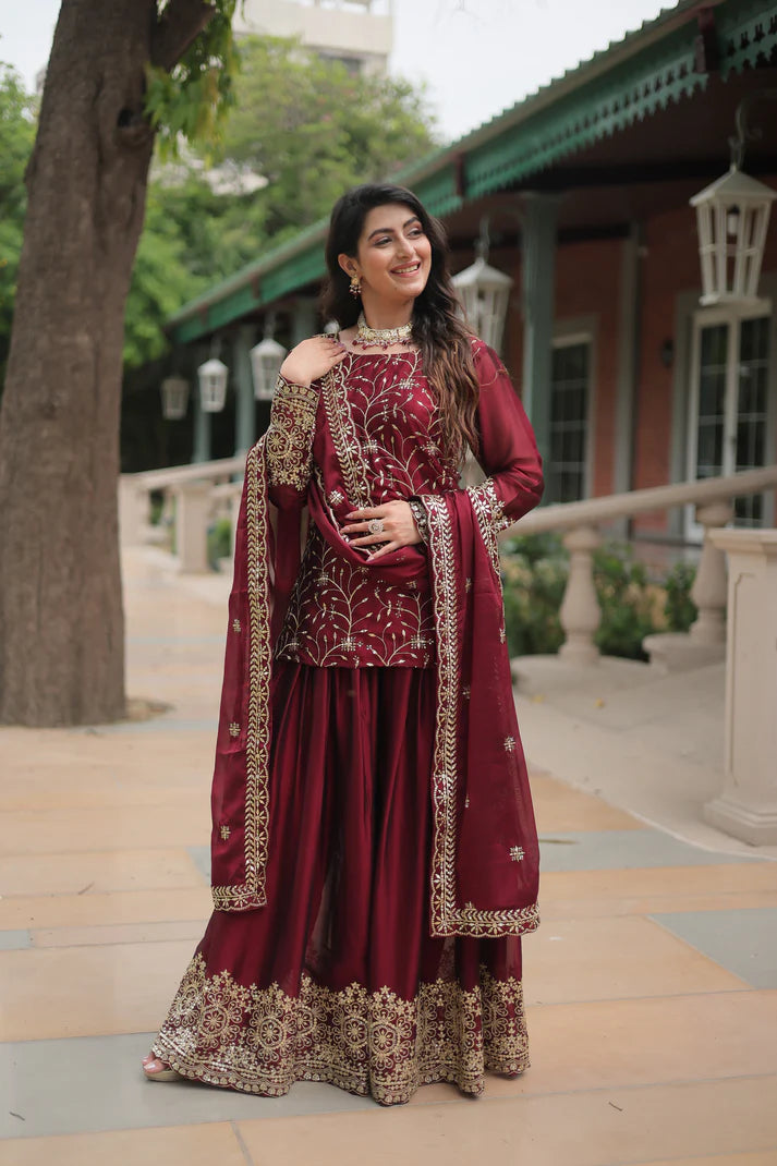 WEDDING SPECIAL RANGOLI SILK SEQUINS EMBROIDERED KURTI PLAZZO WITH DUPATTA(WD132) (01)