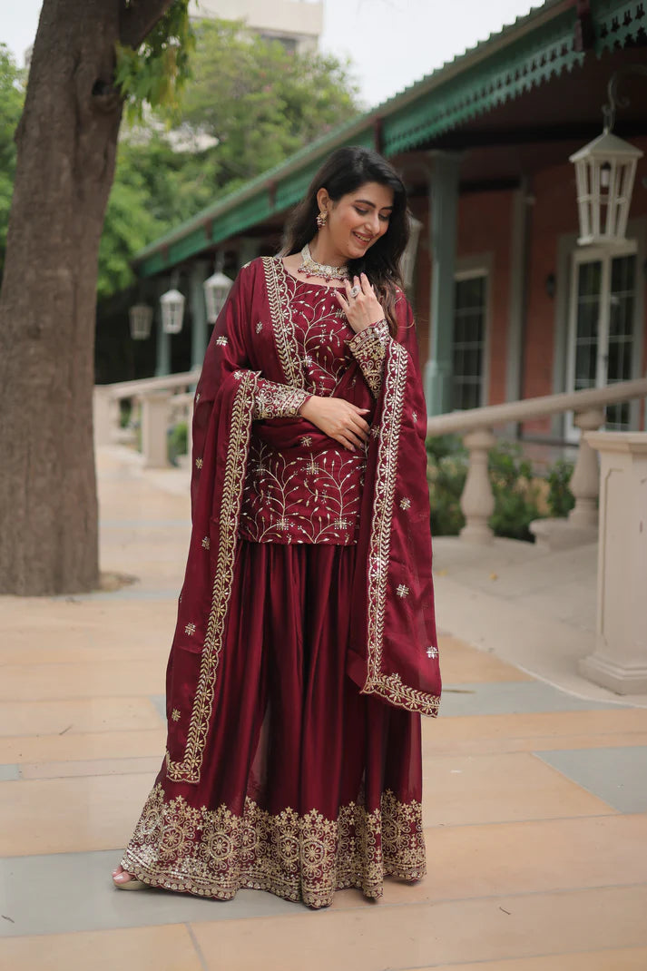 WEDDING SPECIAL RANGOLI SILK SEQUINS EMBROIDERED KURTI PLAZZO WITH DUPATTA(WD132) (01)