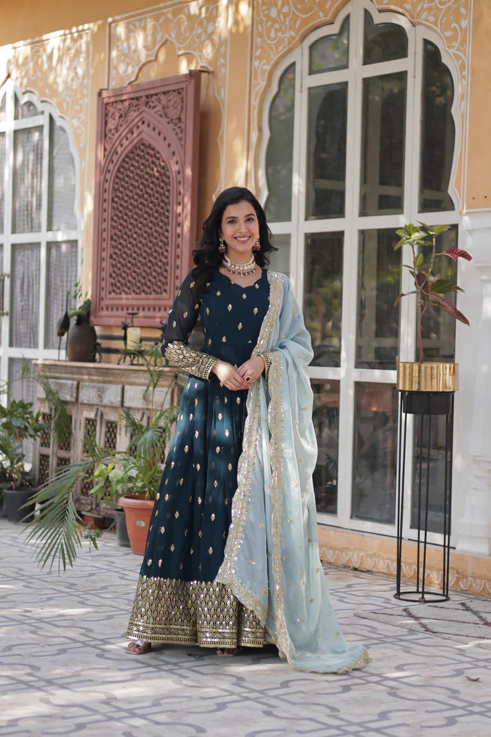 WEDDING SPECIAL BLOOMING EMBROIDERED GOWN WITH DUPATTA