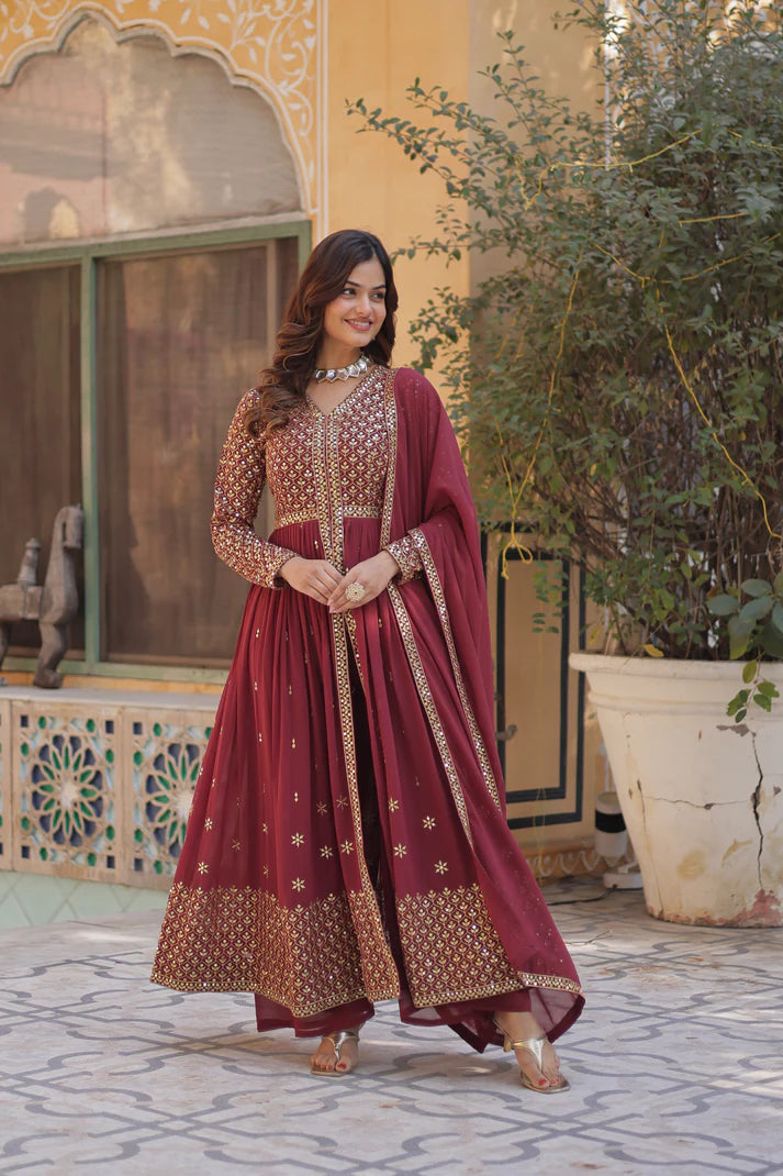 WEDDING SPECIAL FAUX GEORGETTE EMBROIDERED GOWN WITH BOTTOM AND DUPATTA(WD58) (01)