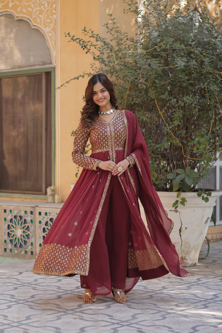 WEDDING SPECIAL FAUX GEORGETTE EMBROIDERED GOWN WITH BOTTOM AND DUPATTA(WD58) (01)